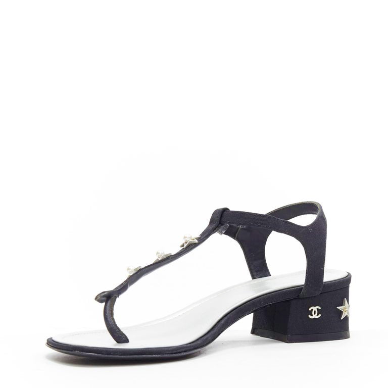 CHANEL T-STRAP PEARL EMBELLISHED BLOCK HEEL SANDALS