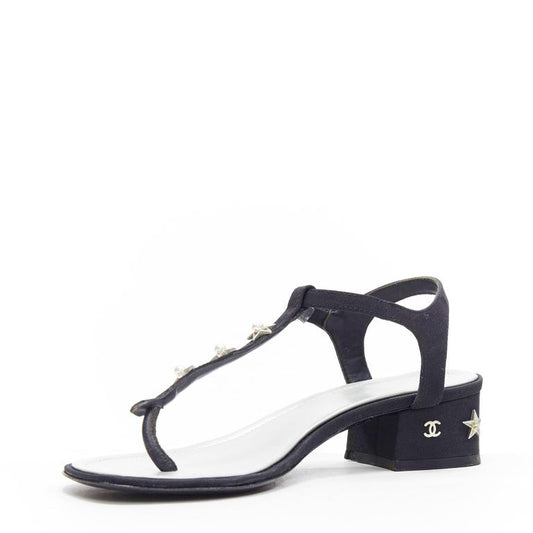 CHANEL T-STRAP PEARL EMBELLISHED BLOCK HEEL SANDALS