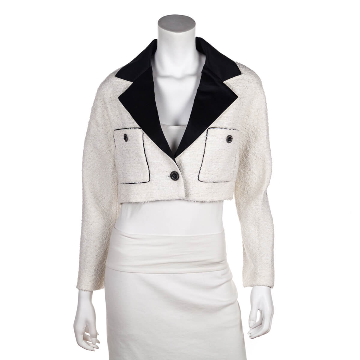 Chanel White & Black Tweed Cropped Jacket Size S | FR 38