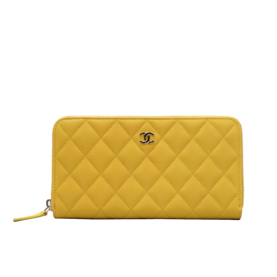 CHANEL CC QUILTED CAVIAR YELLOW ZIP AROUND WALLET