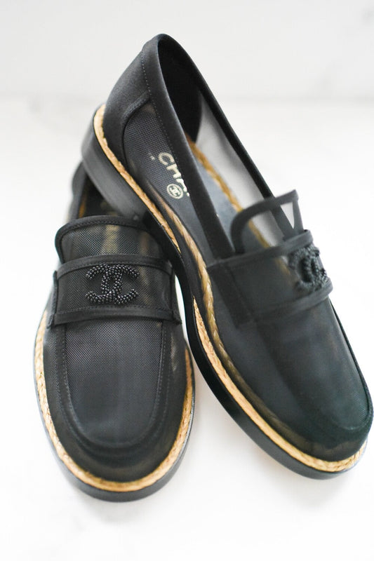 CHANEL MESH & SATIN BEADED CC SLIP-ON LOAFERS