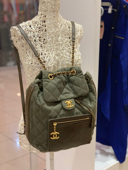 CC Drawstring Quilted Green Denim Medium Backpack with Front Pocket