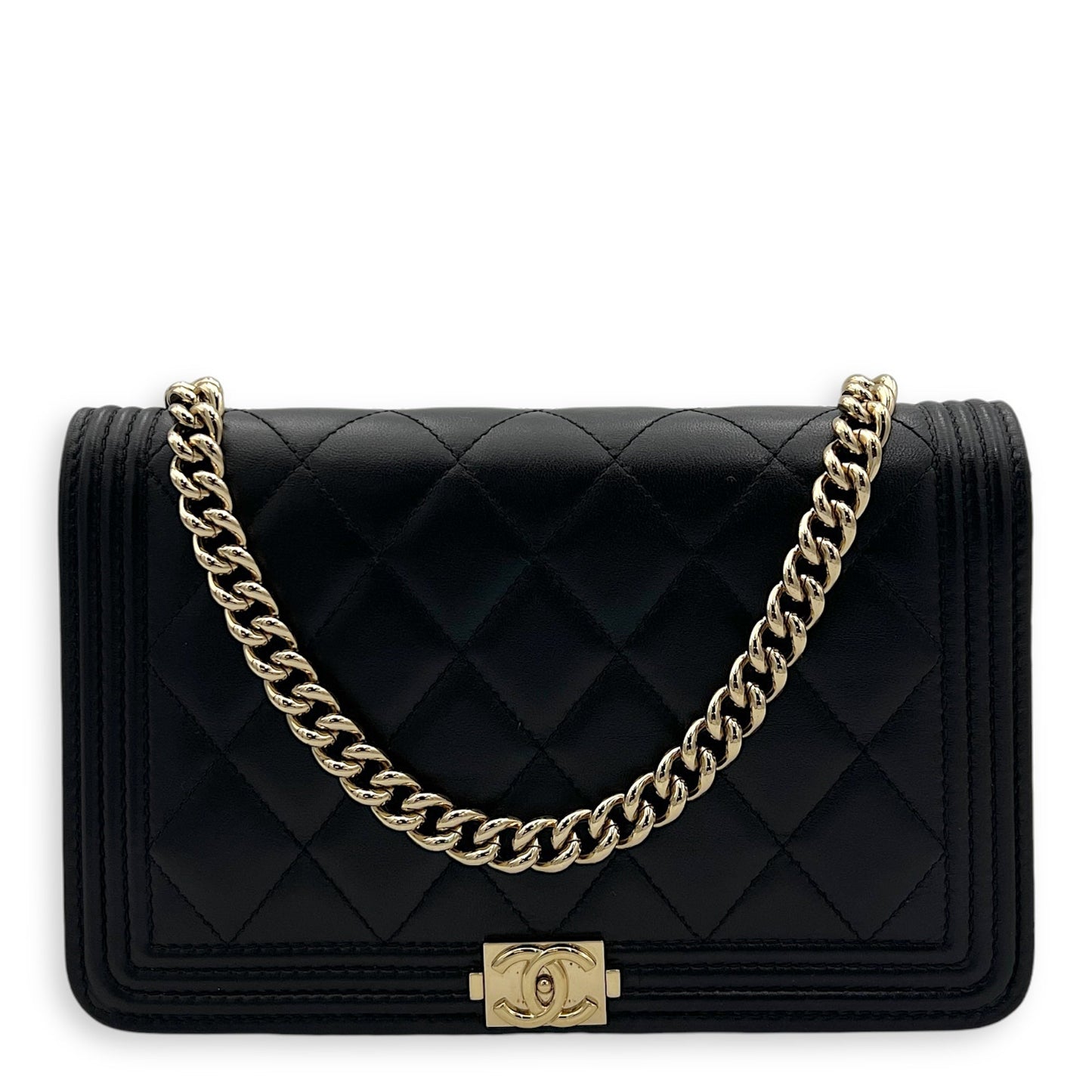 Boy Wallet On Chain Black in Lambskin, Gold hardware