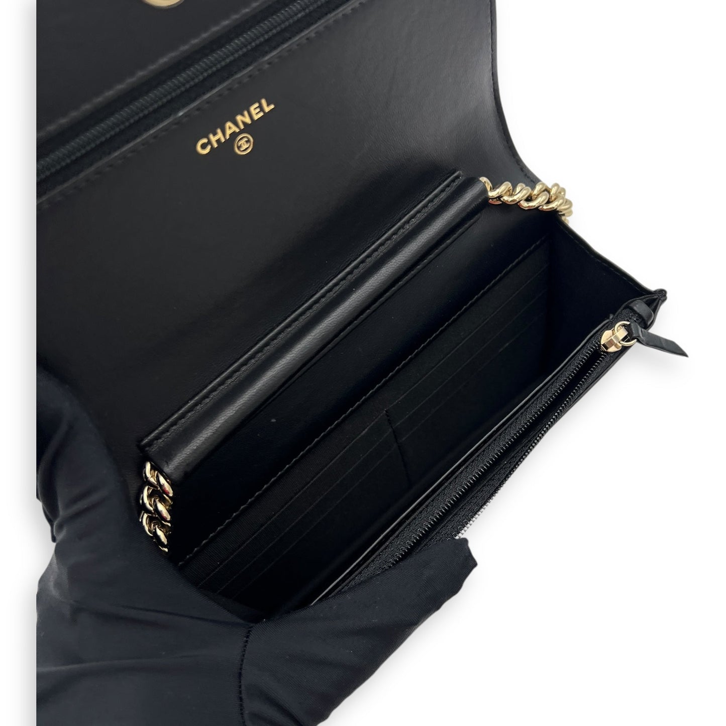 Boy Wallet On Chain Black in Lambskin, Gold hardware