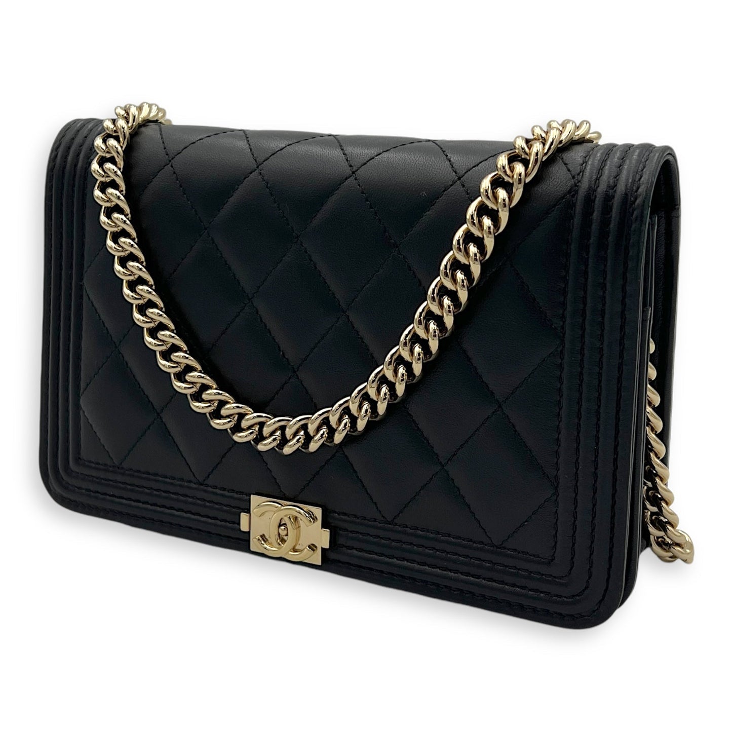 Boy Wallet On Chain Black in Lambskin, Gold hardware