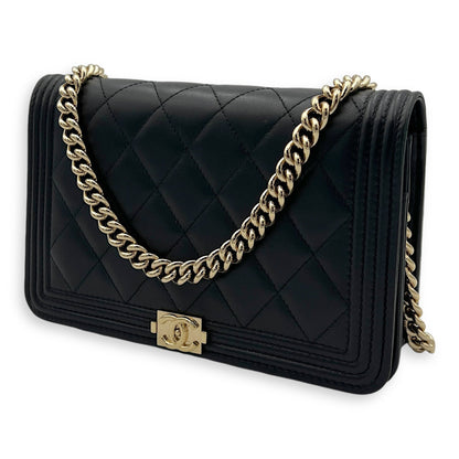 Boy Wallet On Chain Black in Lambskin, Gold hardware
