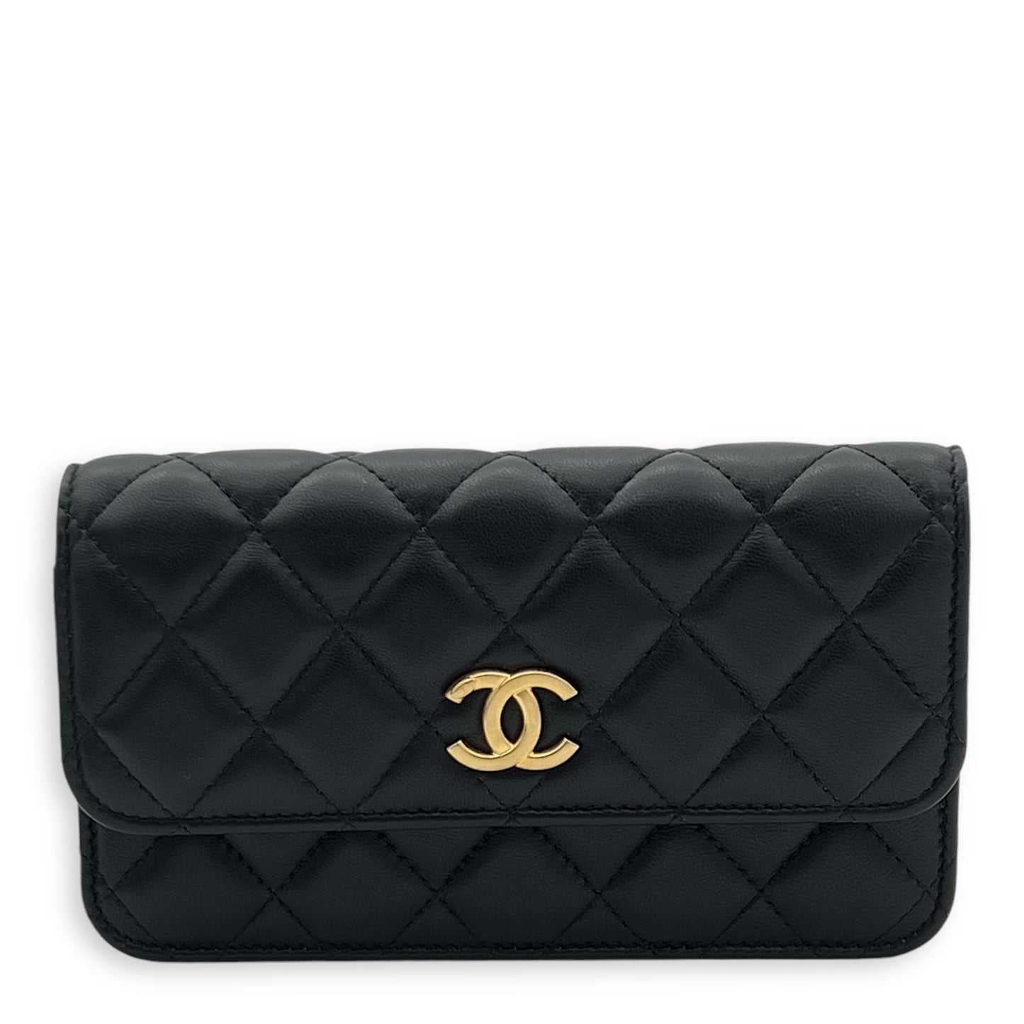 CC Phone Black Wallet On Chain in Lambskin, Gold hardware