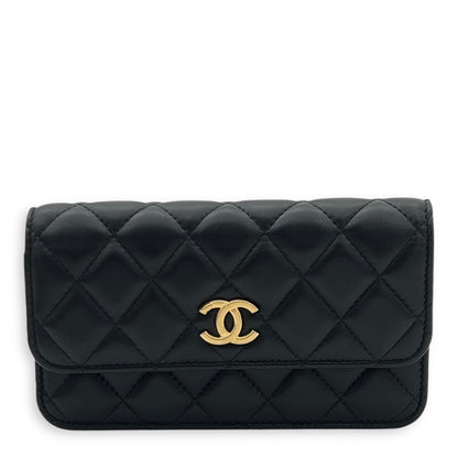 CC Phone Black Wallet On Chain in Lambskin, Gold hardware