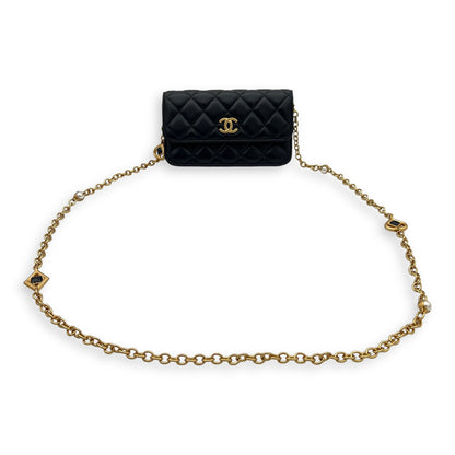 CC Phone Black Wallet On Chain in Lambskin, Gold hardware