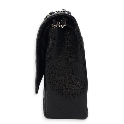 Classic Double Flap Maxi Black Shoulder Bag in Caviar Leather, Silver hardware