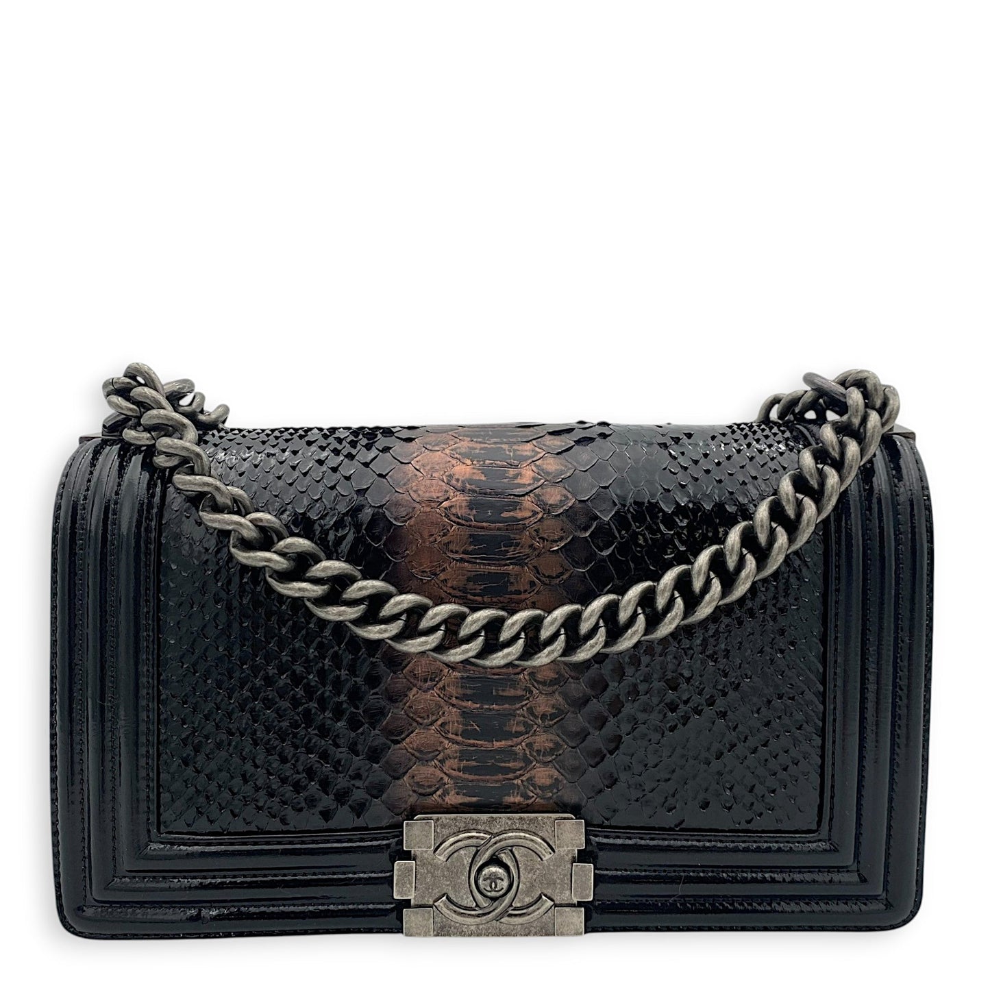 Boy Black Shoulder Bag in Python and Patent Leather, Ruthenium hardware