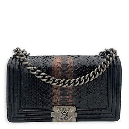 Boy Black Shoulder Bag in Python and Patent Leather, Ruthenium hardware