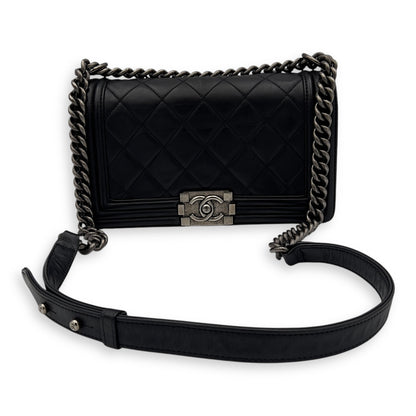 Boy Old Medium Black Shoulder Bag in Lambskin, Ruthenium hardware