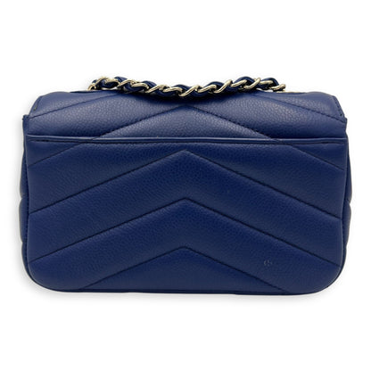 Chevron Shoulder Bag Blue in Caviar Leather, Silver hardware