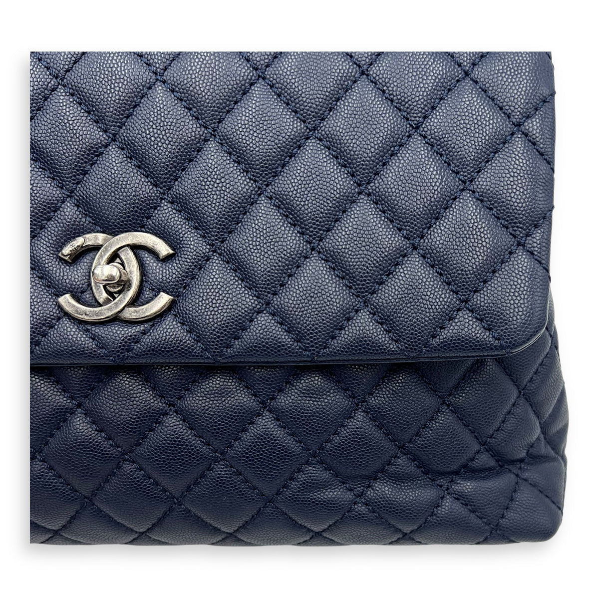 Coco Medium Blue Top Handle Bag in Caviar Leather, Silver hardware