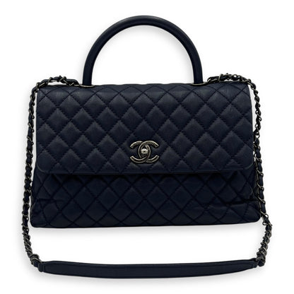 Coco Medium Blue Top Handle Bag in Caviar Leather, Silver hardware