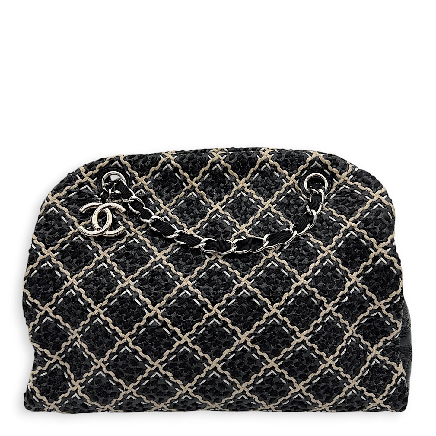 Mademoiselle Bowler Shoulder Bag Black in Tweed, Silver hardware