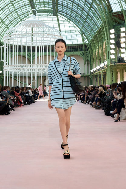 Chanel 25S Long Sleeved Shirt in Blue with Black Stripes 100% Silk (Model: P79458)