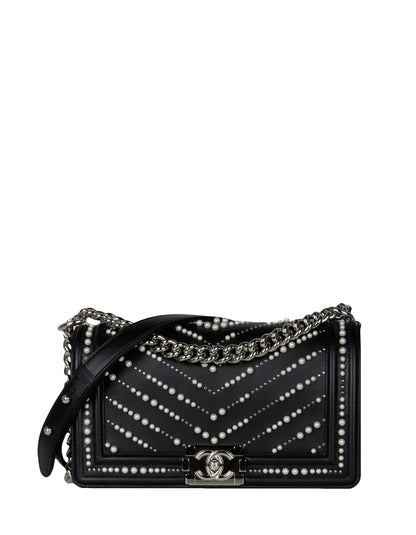 Chanel Black Calfskin Leather Chevron Pearl Boy Bag