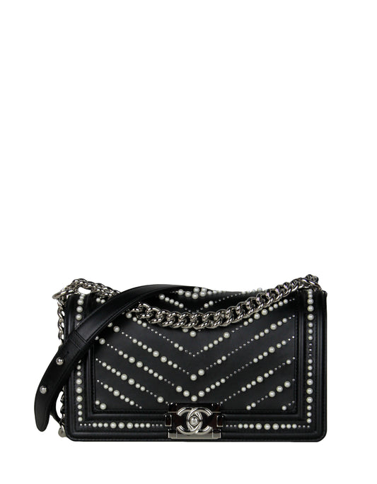 Chanel Black Calfskin Leather Chevron Pearl Boy Bag