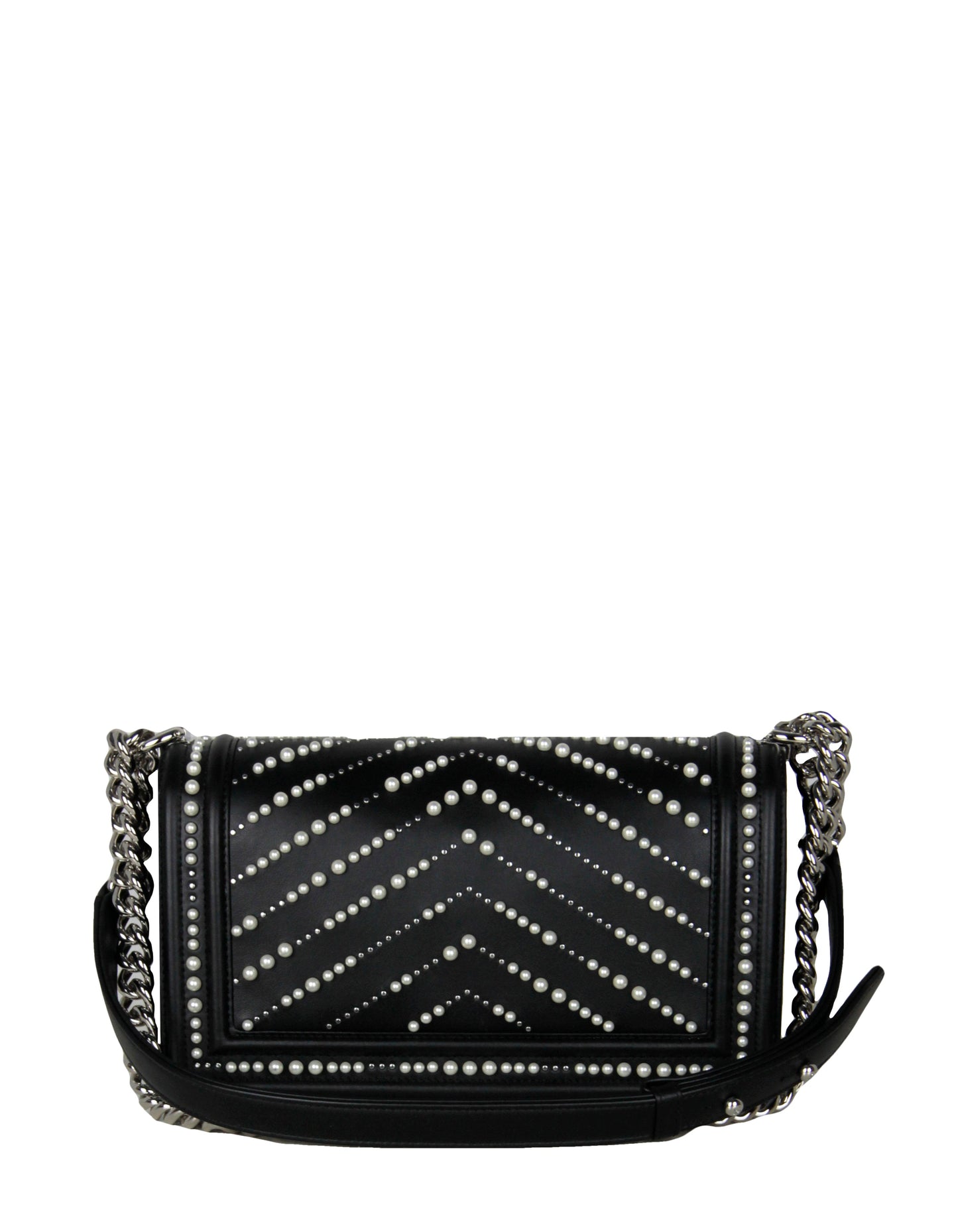Chanel Black Calfskin Leather Chevron Pearl Boy Bag