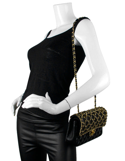 Chanel Black Lambskin Leather Classic Cage Woven Chain Flap Bag