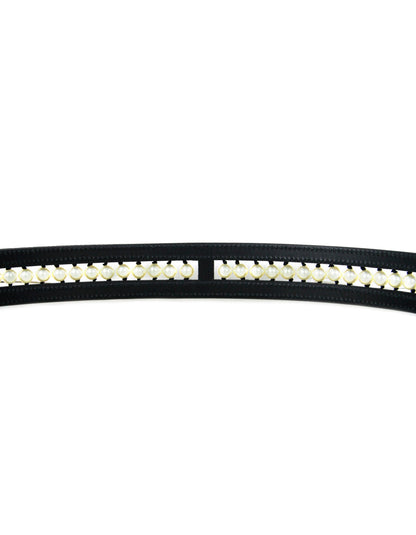 Chanel NWT Black Leather & Grosgrain Pearl Belt sz 90