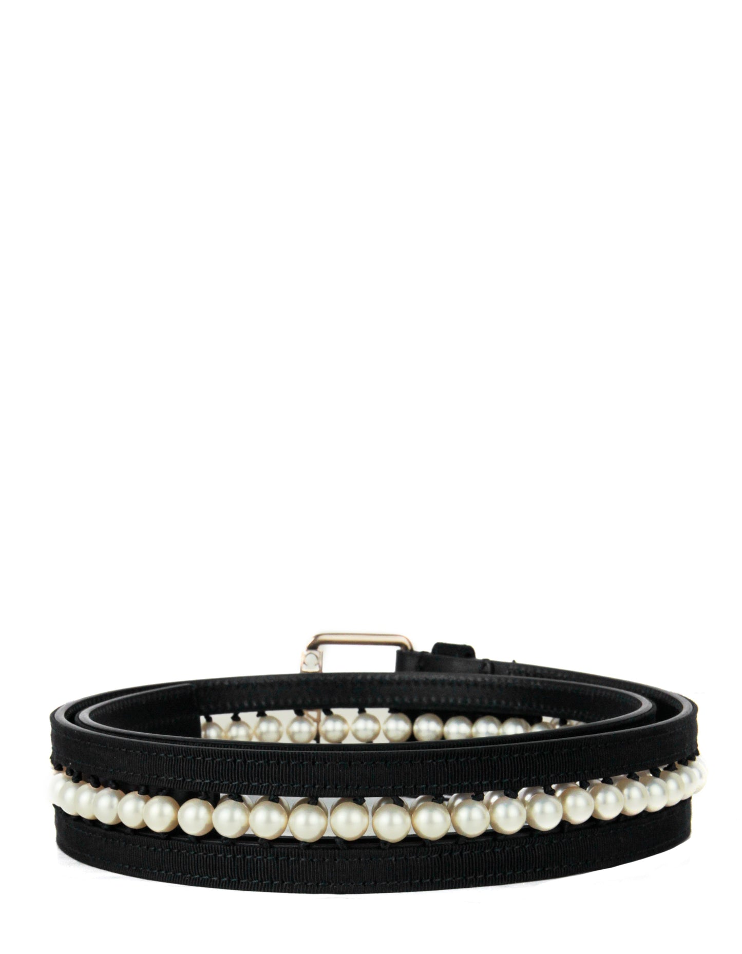 Chanel NWT Black Leather & Grosgrain Pearl Belt sz 90