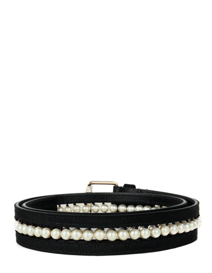 Chanel NWT Black Leather & Grosgrain Pearl Belt sz 90