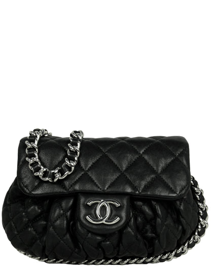 Chanel Black Washed Lambskin Quilted Mini Chain Around Flap Bag