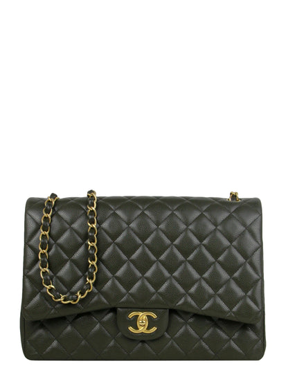 Chanel Dark Green Caviar Leather Double Flap Maxi Bag