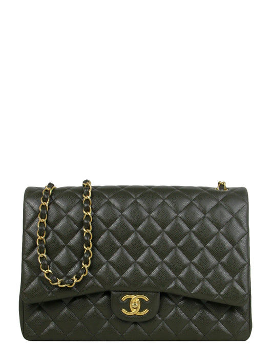 Chanel Dark Green Caviar Leather Double Flap Maxi Bag