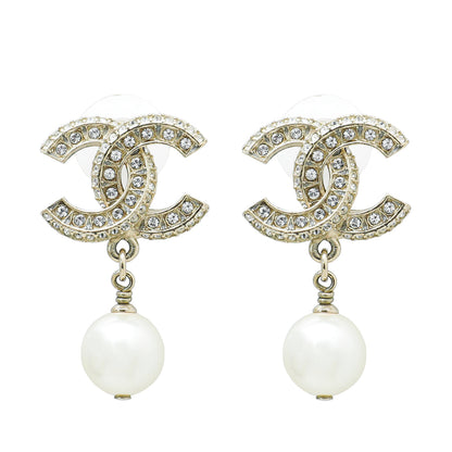 Chanel Gold CC Crystal Pearl Drop Earrings