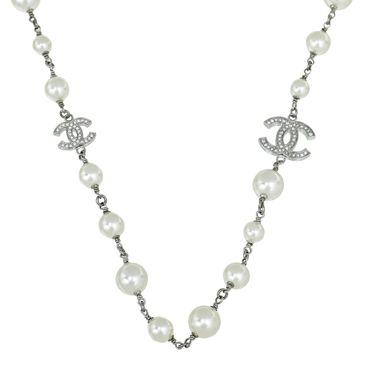 Chanel Silver CC Crystal Pearl Necklace