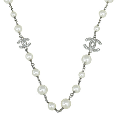 Chanel Silver CC Crystal Pearl Necklace