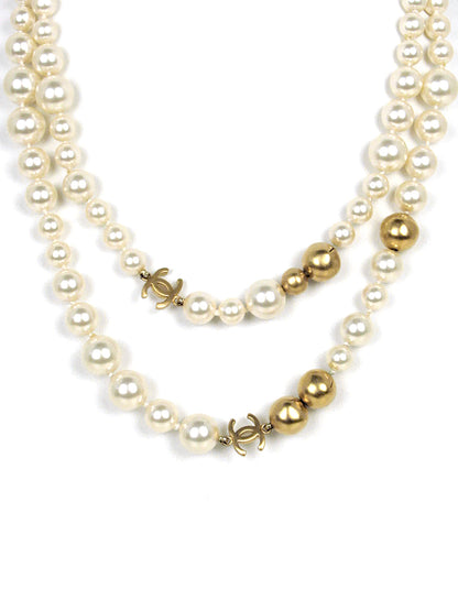 Chanel '07 Ivory/Gold Faux Pearl and Gold Bead CC 36.5" Necklace