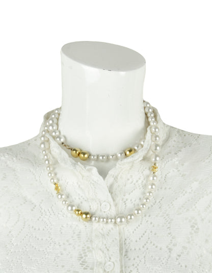 Chanel '07 Ivory/Gold Faux Pearl and Gold Bead CC 36.5" Necklace