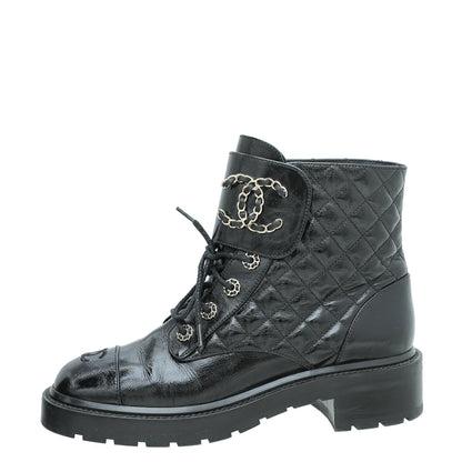Chanel Black CC Shiny Lace Up Combat Boots 40.5
