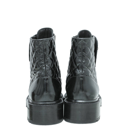 Chanel Black CC Shiny Lace Up Combat Boots 40.5