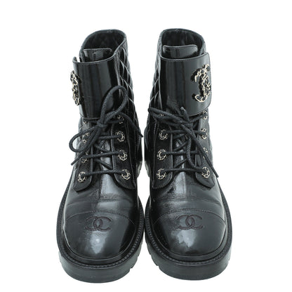 Chanel Black CC Shiny Lace Up Combat Boots 40.5