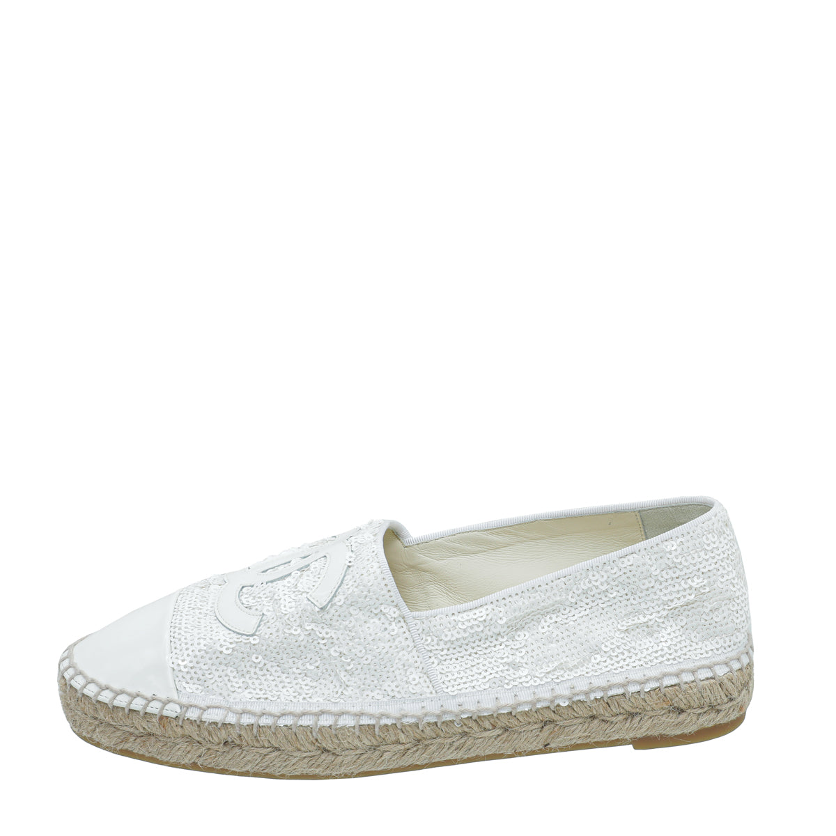 Chanel White CC Cap Toe Patent Sequin Espadrille 39
