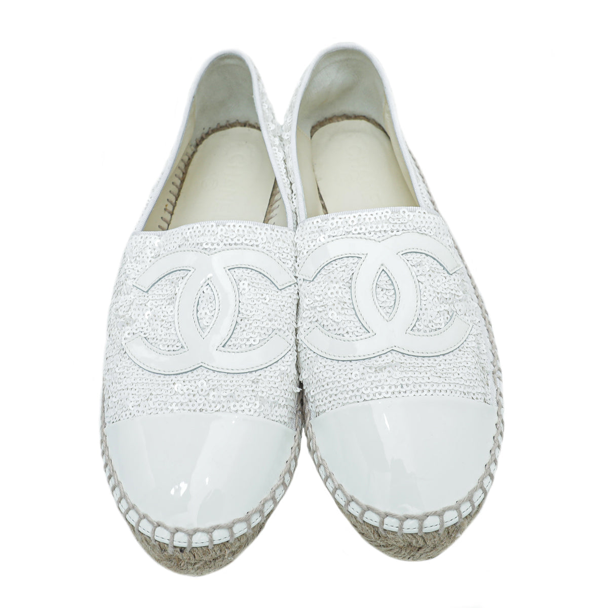 Chanel White CC Cap Toe Patent Sequin Espadrille 39