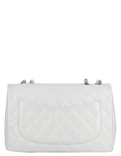 Chanel White Caviar Leather Quilted Single Flap Jumbo Classic Bag