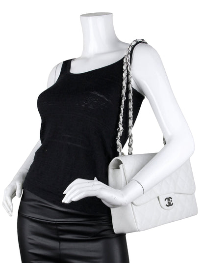 Chanel White Caviar Leather Quilted Single Flap Jumbo Classic Bag