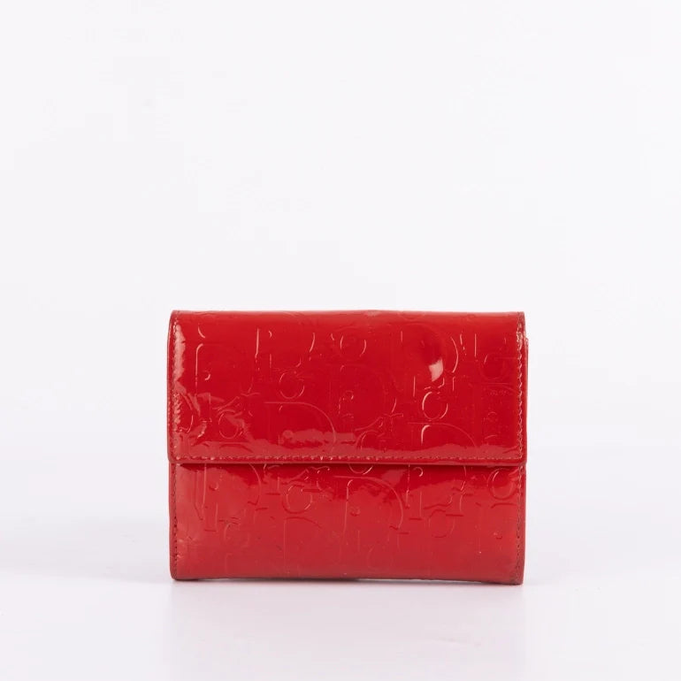 Christian Dior Red Patent Leather Logo Bi-fold Wallet