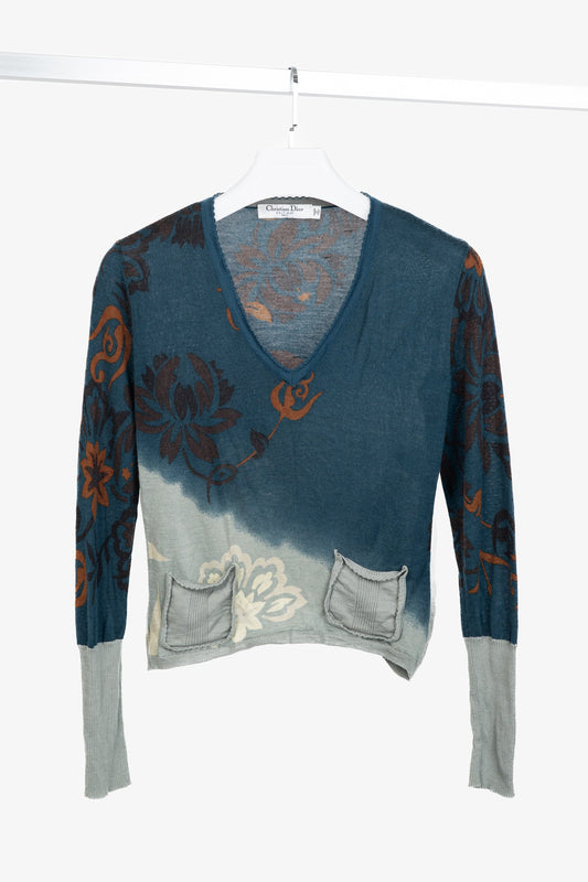 Christian Dior Boutique Teal Wool, Silk, & Cashmere-Blend Floral Cropped Sweater