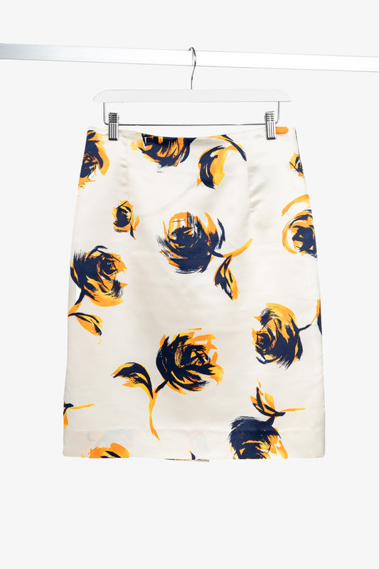 Christian Dior White Silk Floral-Print Pencil Skirt