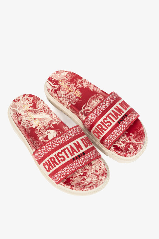 Christian Dior Dway Red Toile du Jouy Flowers Embroidered Slides
