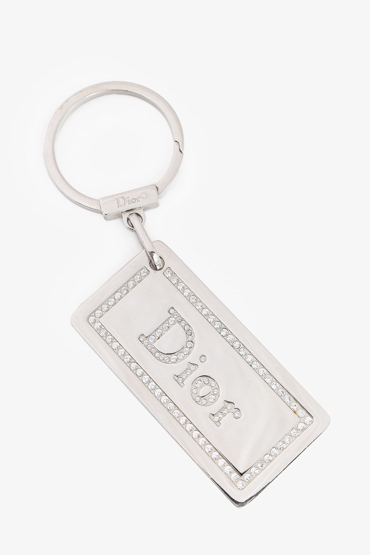 Dior Silver-Tone Rhinestone Logo Plaque Keychain
