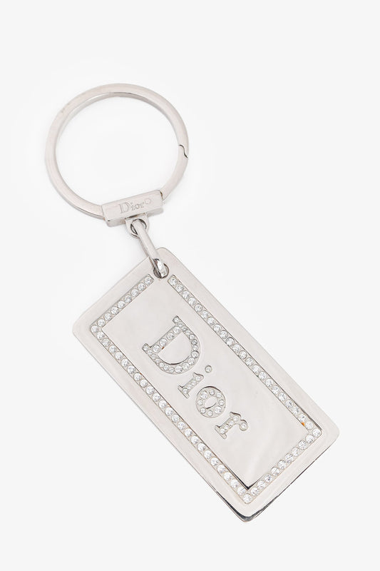 Dior Silver-Tone Rhinestone Logo Plaque Keychain